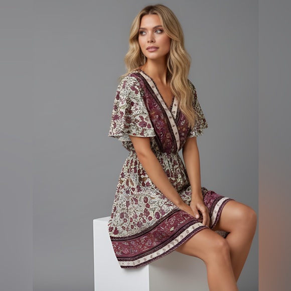 Burgundy Floral Print Butterfly Sleeve Dress - Picture 6 of 11